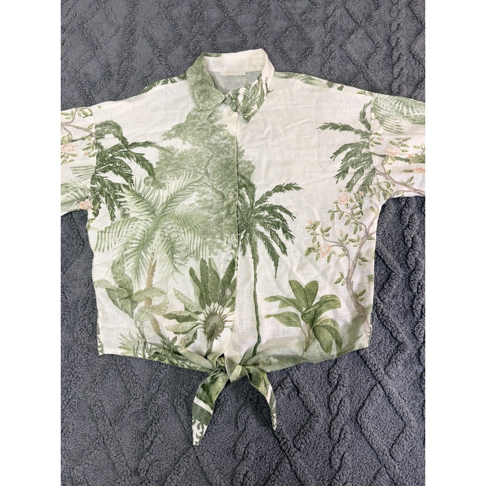 Milio Milano Italy Pink Tropical Linen Blend Faux Tie Front Top Button Sz M